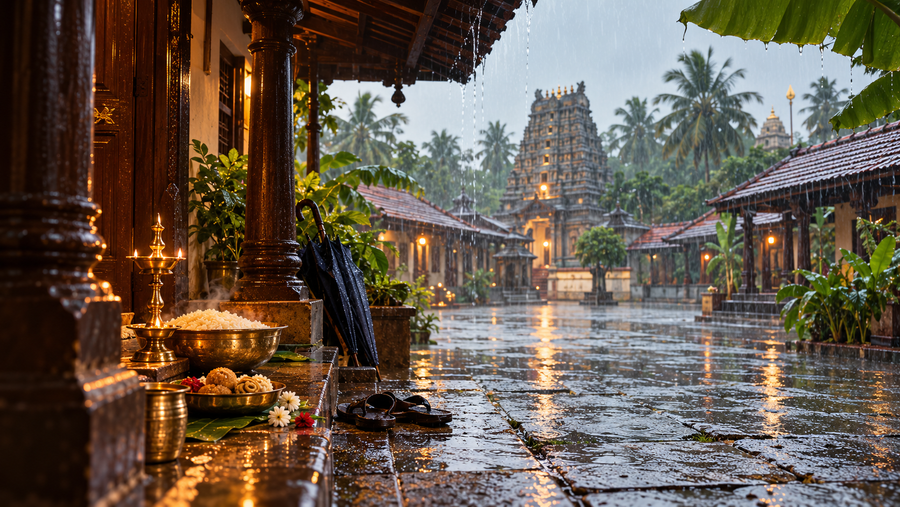 Rain falling over a Tamil temple courtyard during Aippasi, with rice, sweets and a brass lamp under a sheltered veranda.