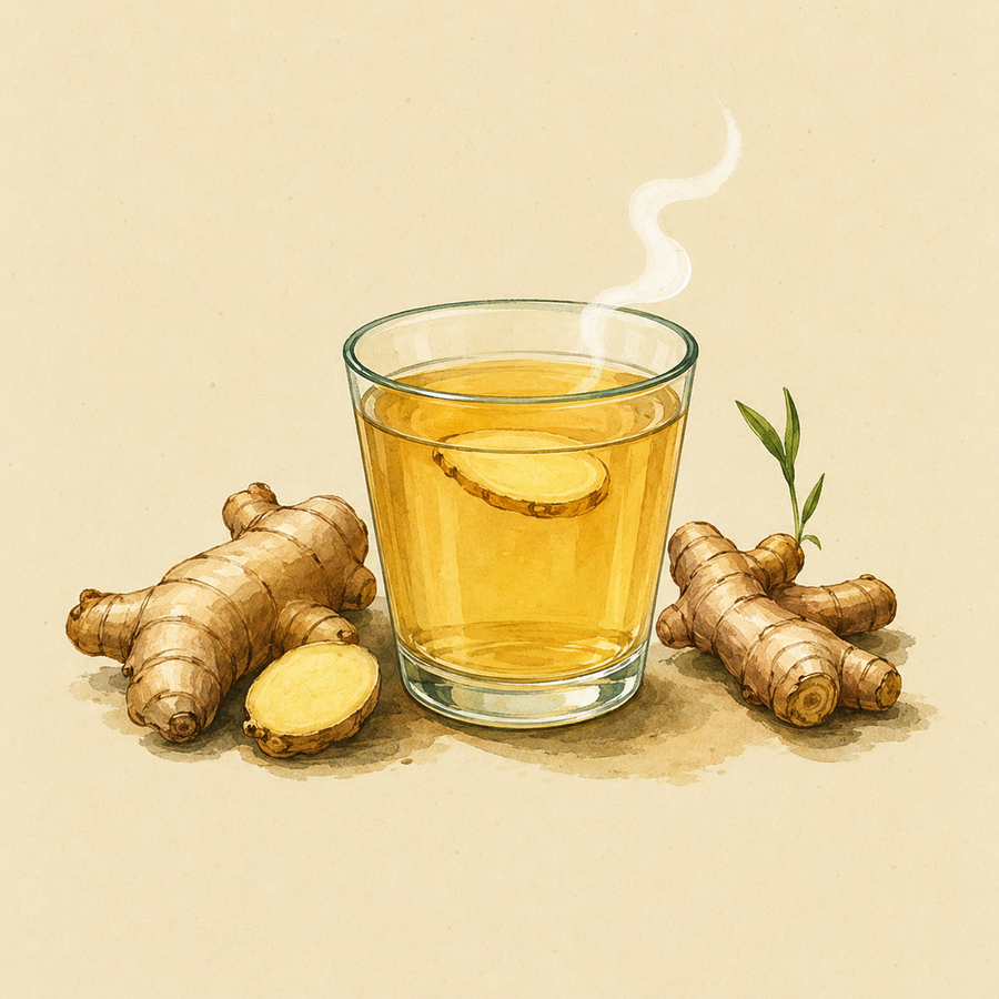 A glass of warm ginger water, a traditional Tamil home remedy