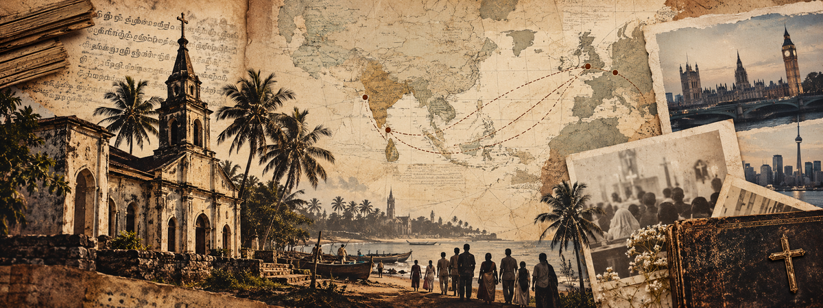 Vintage-style timeline collage representing major turning points in Tamil Christian history and the global diaspora
