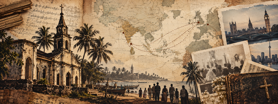 Vintage-style timeline collage representing major turning points in Tamil Christian history and the global diaspora