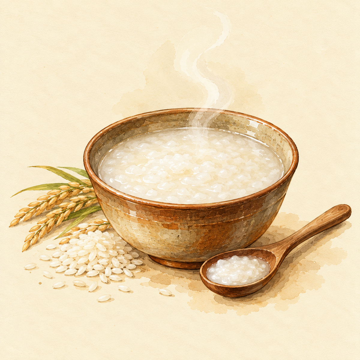 A steaming bowl of arisi kanji rice porridge with a wooden spoon and rice grains, illustrated in watercolour