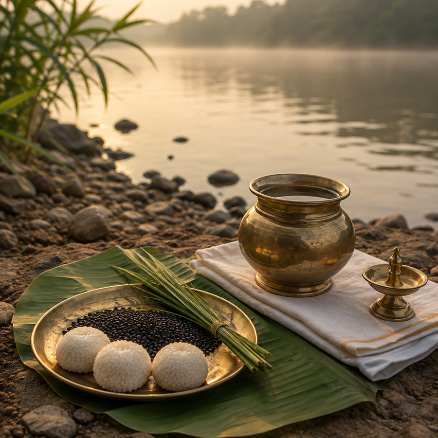 A brass water vessel used in Tamil Hindu ancestor rites, representing the Aadi Amavasai tarpanam ritual
