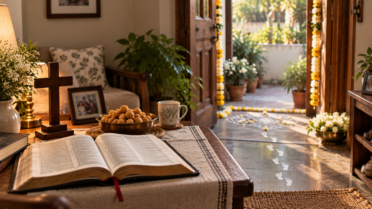 Tamil Christian home with Bible and cross indoors and small Krishna Jayanthi child footprints and kolam at the doorway