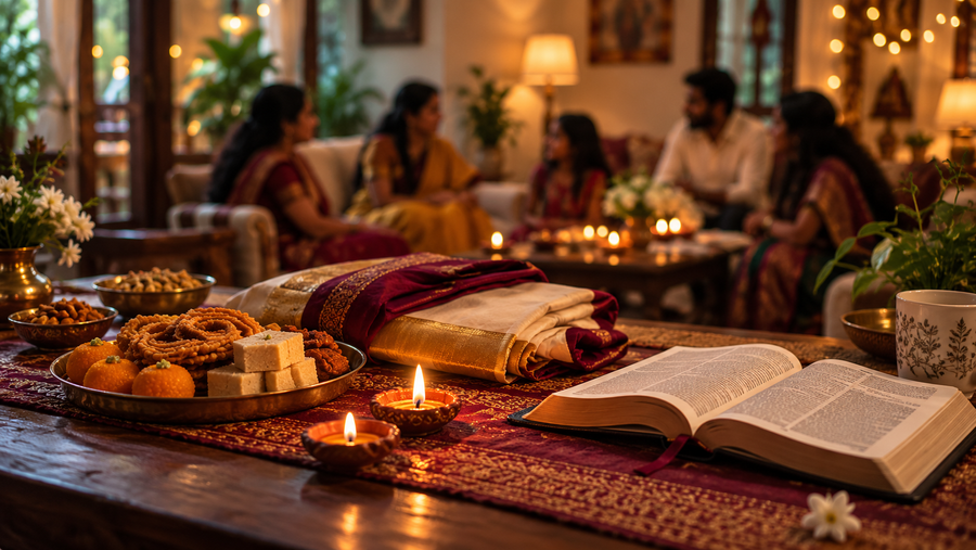 Tamil family home during Deepavali with sweets, traditional clothes, lamps and an open Bible
