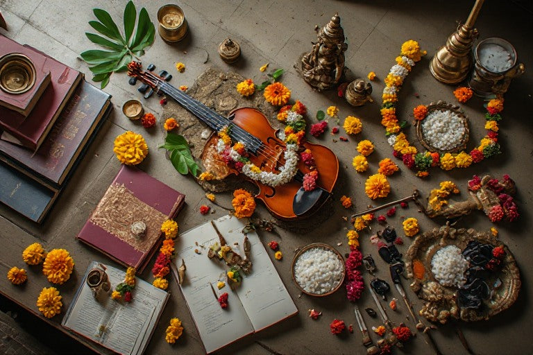 Books, violin, work tools and a decorated car arranged for Ayudha Puja and Saraswati Puja.