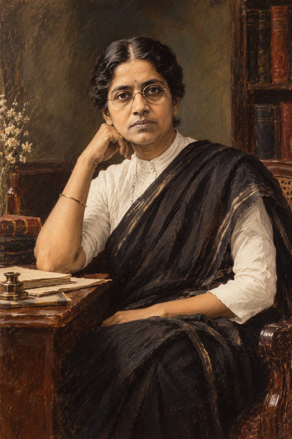 Illustrated portrait of Dr Muthulakshmi Reddy, based on historical photographs.