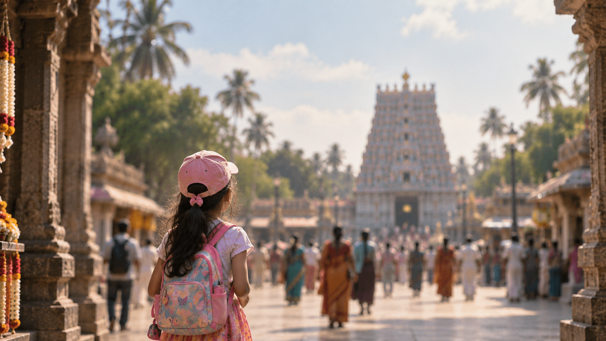 Young Tamil girl visiting an ancestral homeland for the first time, standing out in bright Western clothing as she looks toward a distant temple