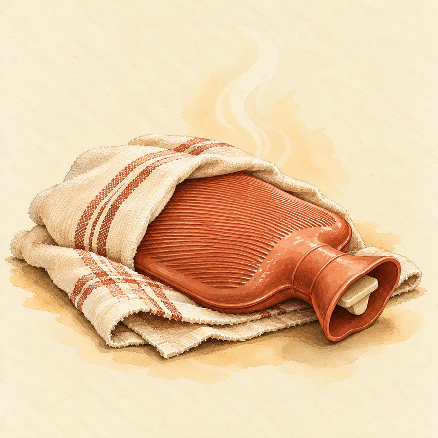 A warm hot-water bottle wrapped in a cloth, illustrated in watercolour for period-cramp relief