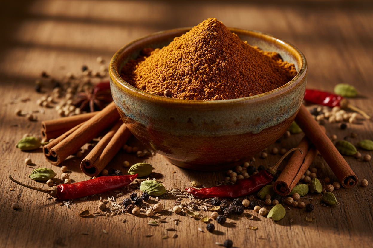 Homemade Jaffna curry powder served in a bowl with whole roasted spices
