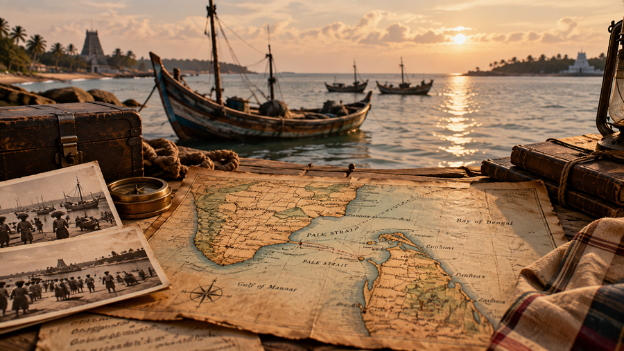 Historic coastal route between South India and Sri Lanka with traditional boats and an antique Palk Strait map