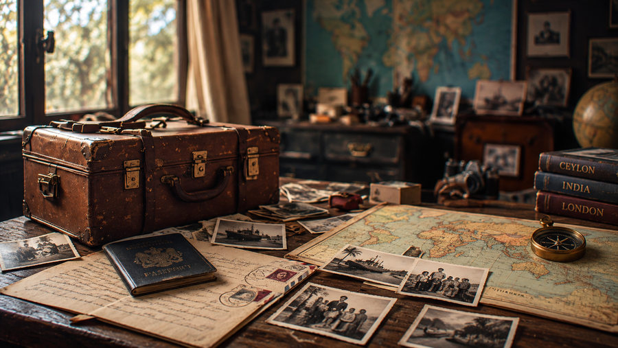 Vintage suitcase, migration documents, family photographs and world map representing the global Tamil diaspora
