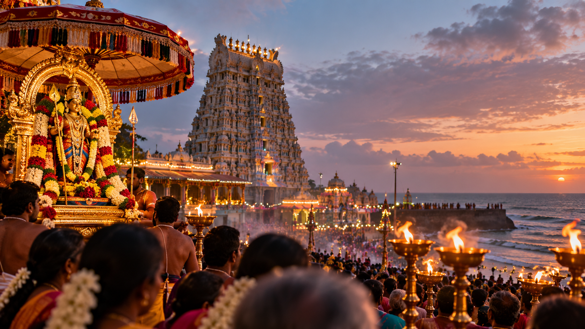 Illustrated Tamil Murugan festival by the sea with temple tower, devotees, lamps and a ceremonial image of Murugan
