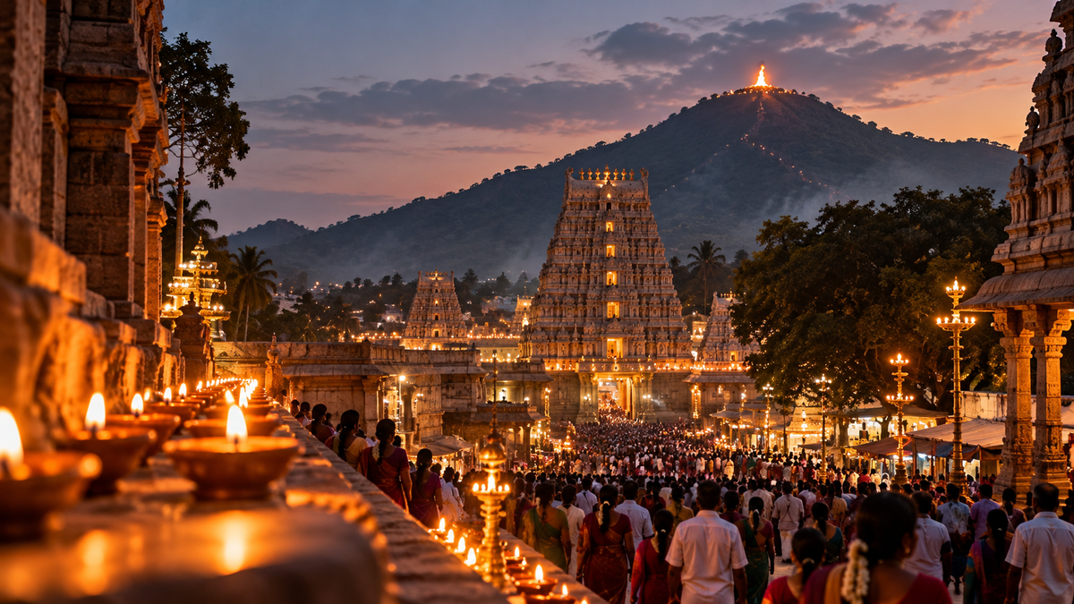 Tiruvannamalai during Karthigai Deepam with rows of oil lamps, temple gopuram, devotees and the Maha Deepam flame on Arunachala hill