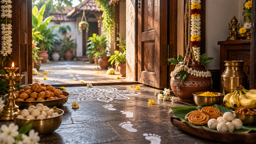 Tamil Krishna Jayanthi home scene with child footprints, kolam, seedai, sweets, brass vessels and decorated pot