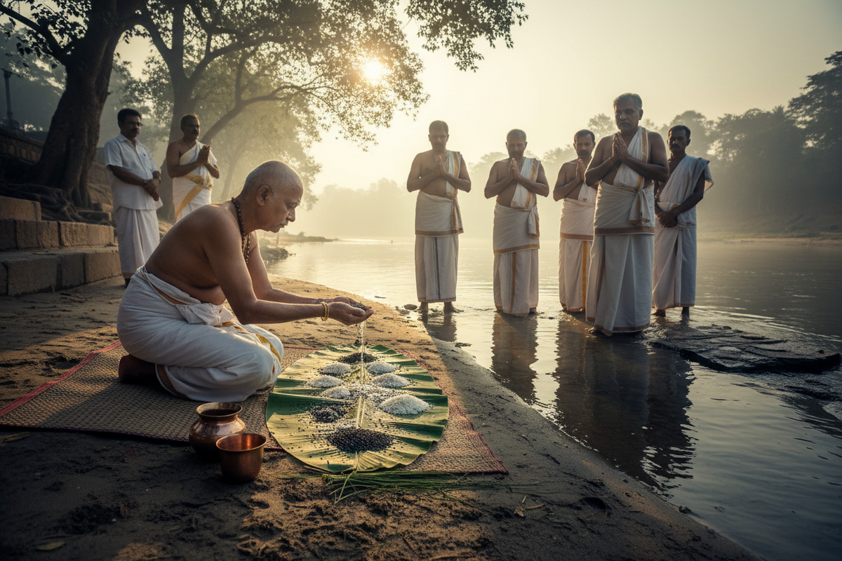 Traditional Mahalaya Amavasai tharpanam observance representing Tamil Hindu ancestor remembrance