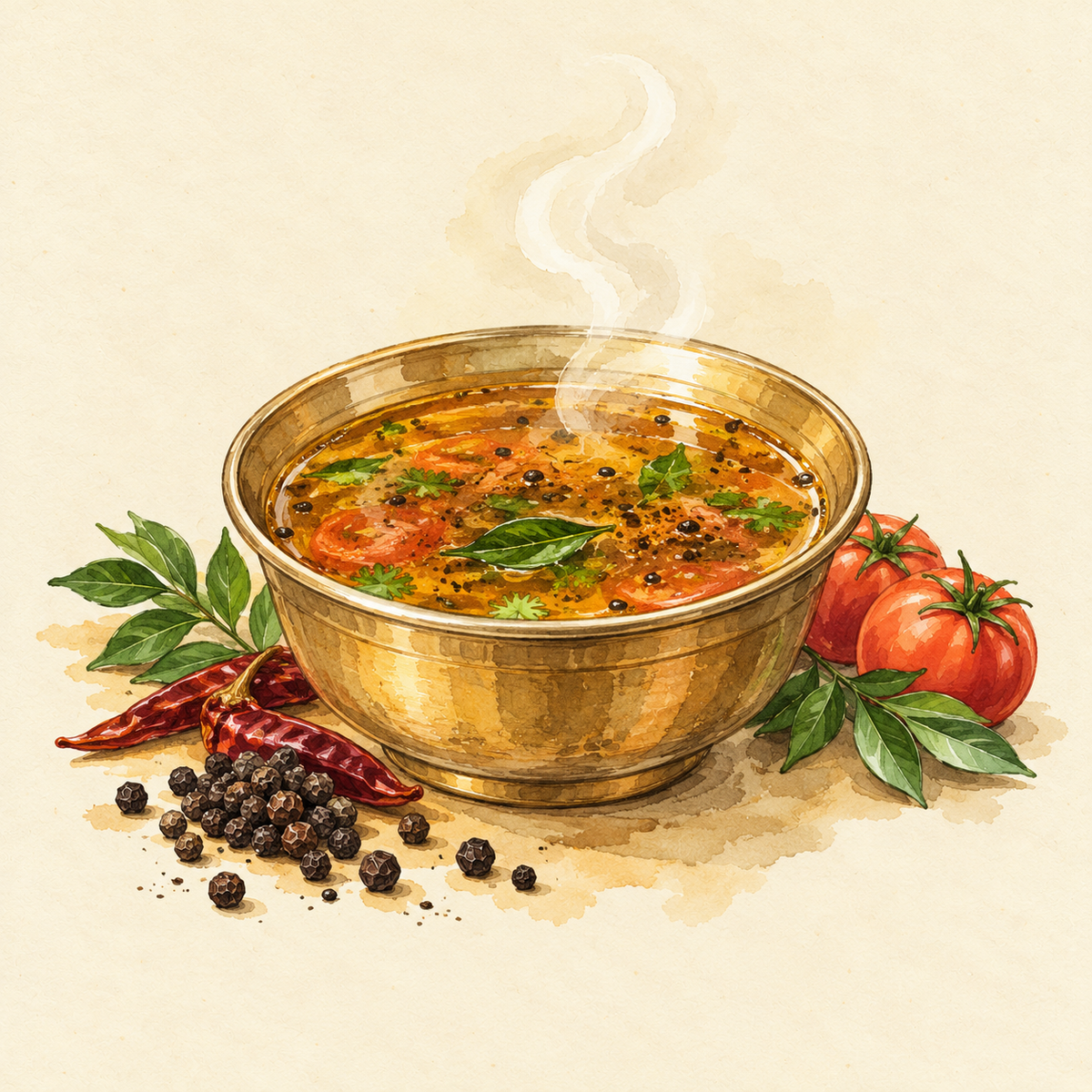 A steaming bowl of milagu rasam with black pepper, curry leaves and tomato, illustrated in watercolour