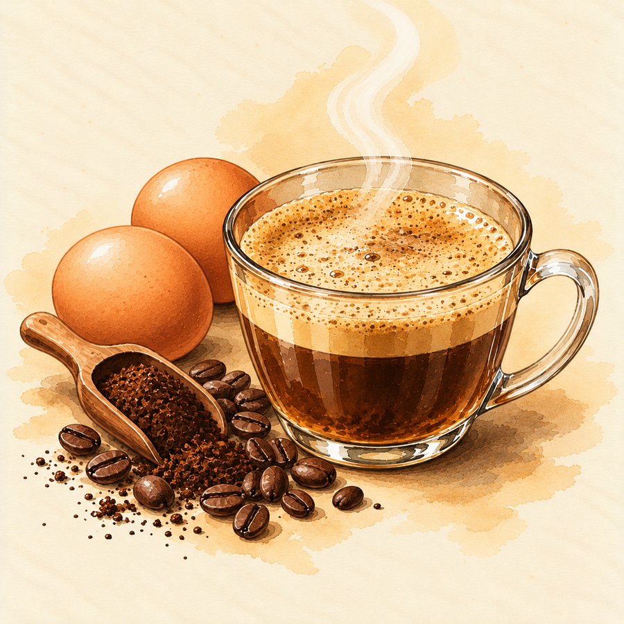 A frothy cup of egg coffee beside two whole eggs and roasted coffee beans, illustrated in watercolour