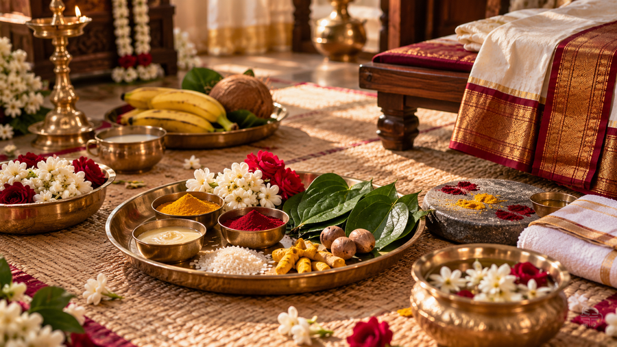 Traditional Tamil nalangu wedding setup with turmeric, kumkum, betel leaves, flowers, rice, brass vessels and silk