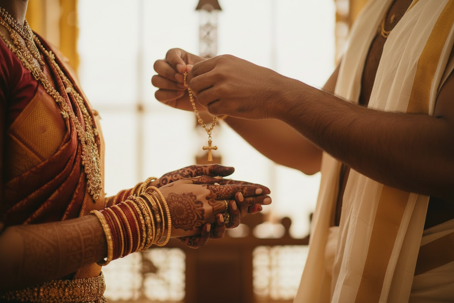 A Tamil Christian wedding scene, representing the blend of Christian faith and Tamil cultural traditions