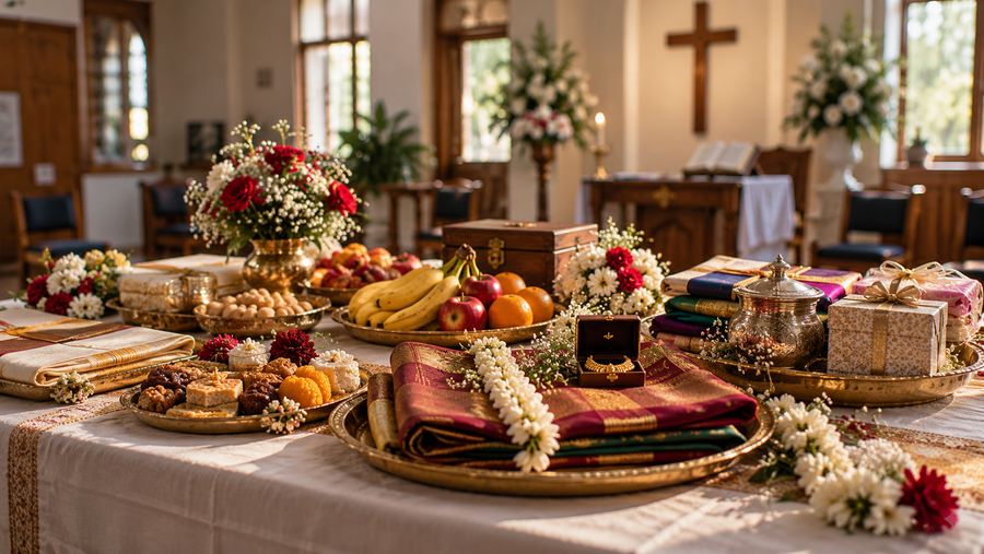 Tamil Christian seer trays with silk, fruit, sweets, gifts and flowers arranged in a church hall