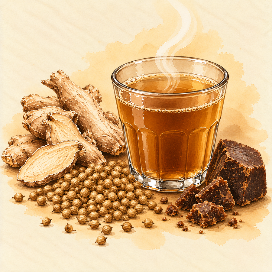 A steaming glass of Sukku Malli Kaapi with dried ginger, coriander seeds and dark palm jaggery, illustrated in watercolour