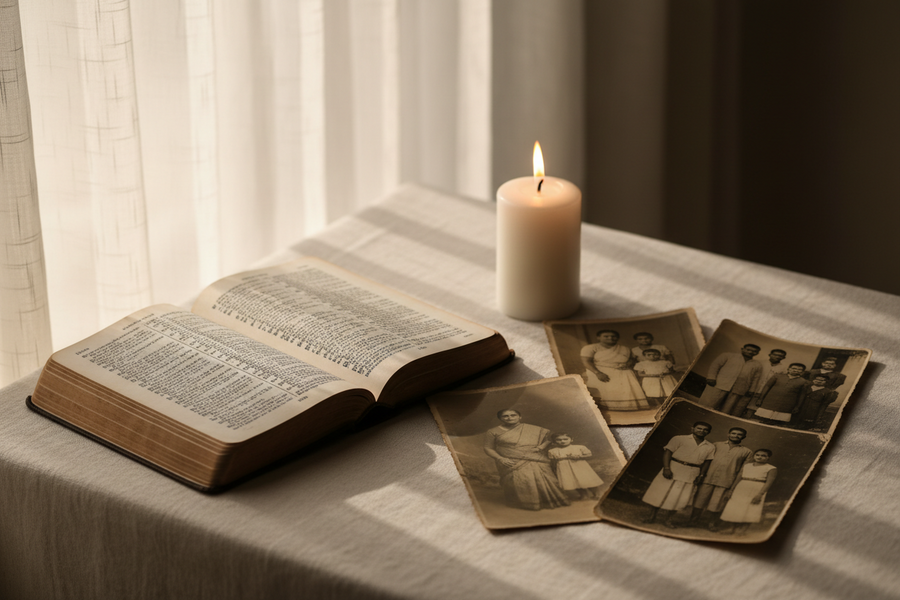 Tamil Christian family remembrance scene representing prayer, memory and biblical boundaries around ancestor traditions