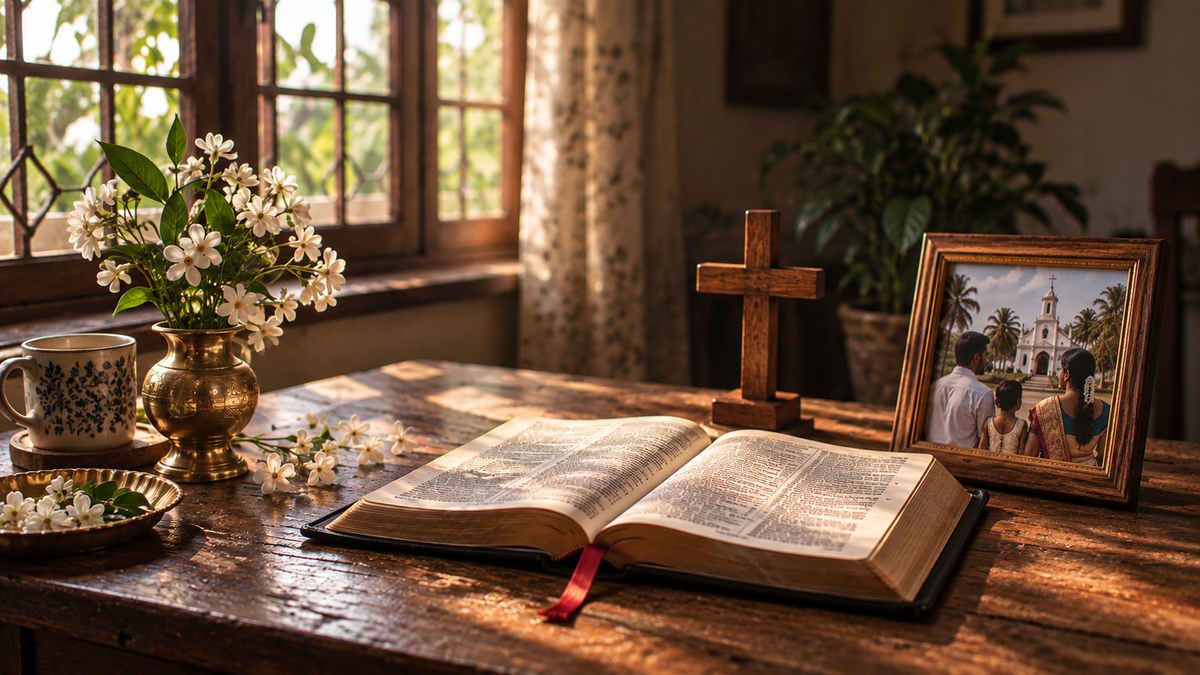 Open Bible, wooden cross, jasmine and a Tamil Christian family photograph in a warm home setting