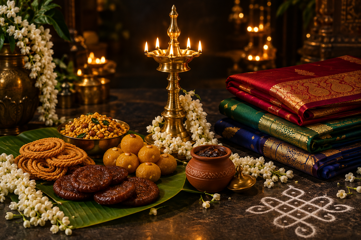 Tamil Deepavali morning with new clothes, brass oil lamps, murukku and Deepavali marundhu