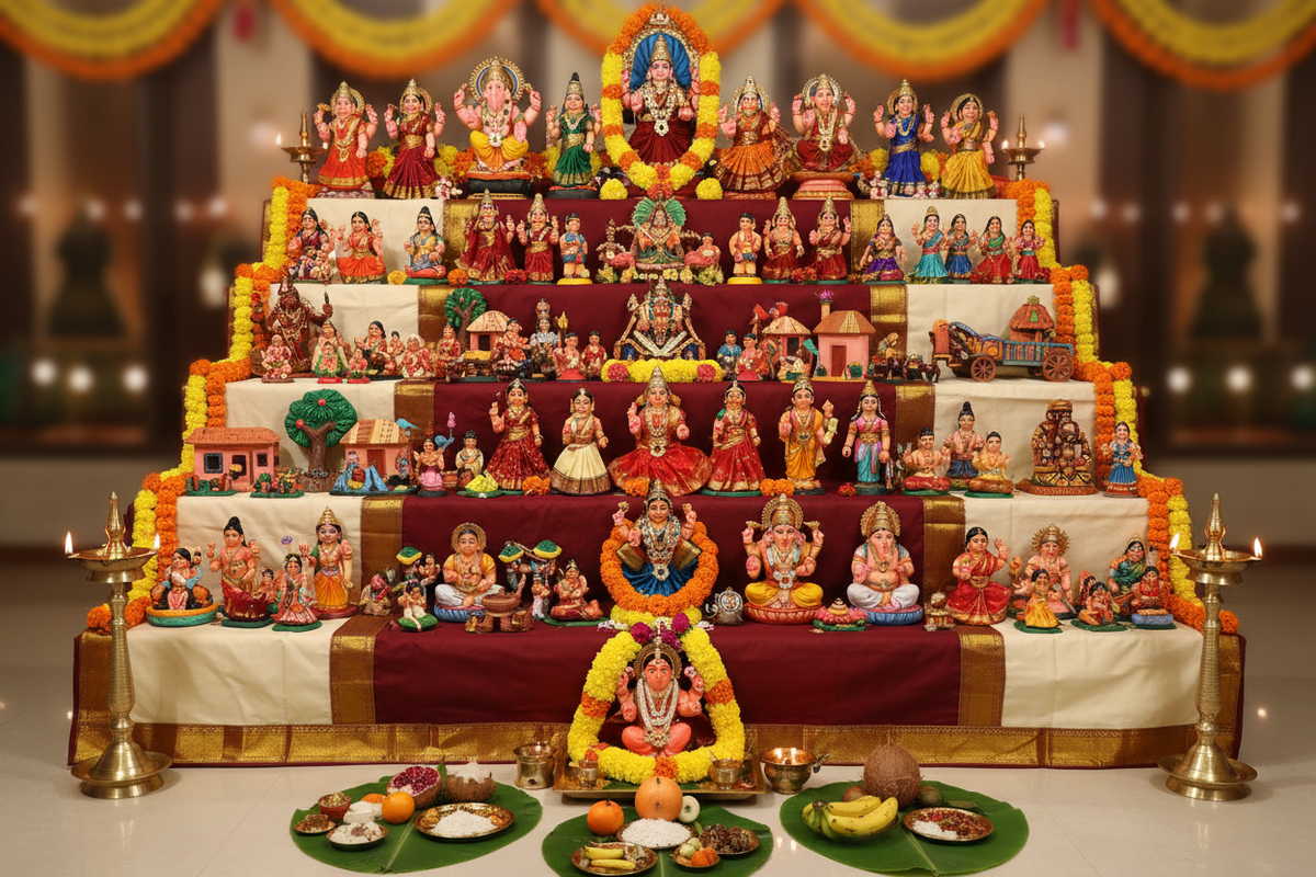 Tamil Navarathri Golu display with traditional dolls arranged for the nine-night festival