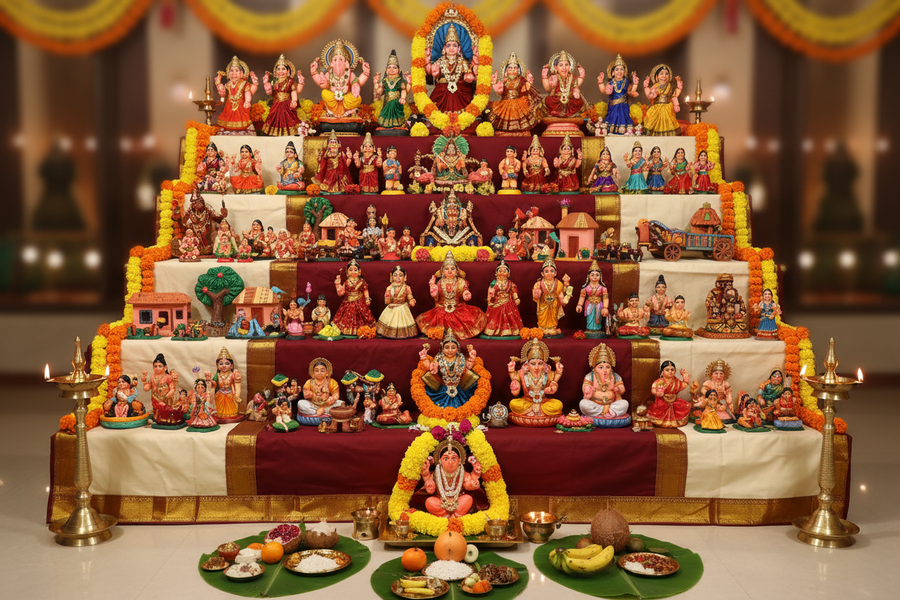 Tamil Navarathri Golu display with traditional dolls arranged for the nine-night festival