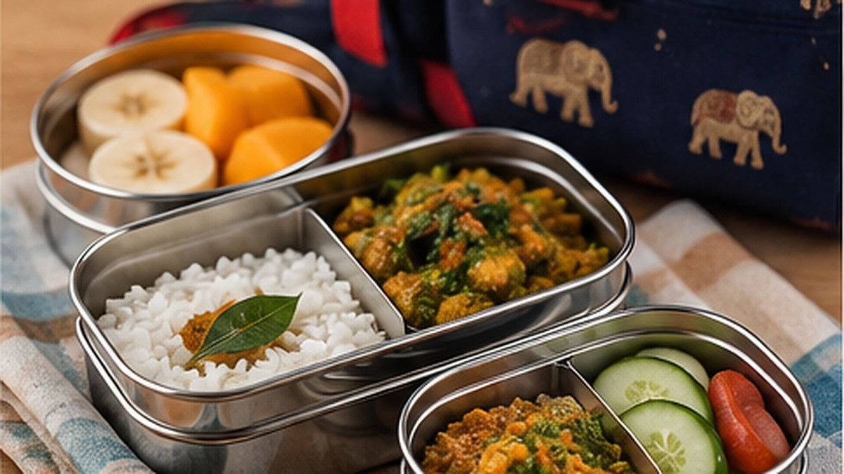 Tamil and Sri Lankan inspired school lunchbox with rice, curry, vegetables and fruit
