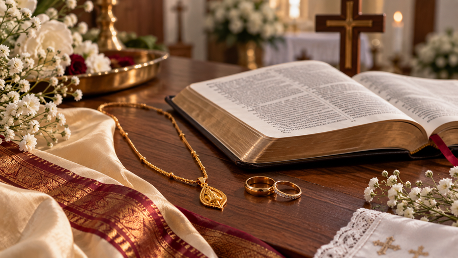 Tamil Christian wedding still life with a realistic thali chain, Bible, wedding rings, silk and baby's breath