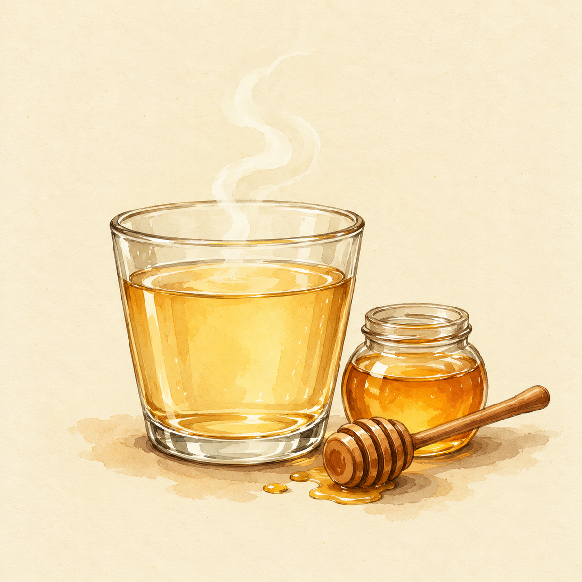 Warm honey water beside a small jar of honey and wooden dipper, illustrated in watercolour