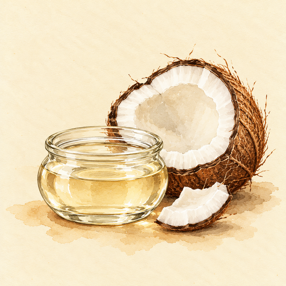 Virgin coconut oil in a clear glass jar beside a halved coconut, illustrated in watercolour