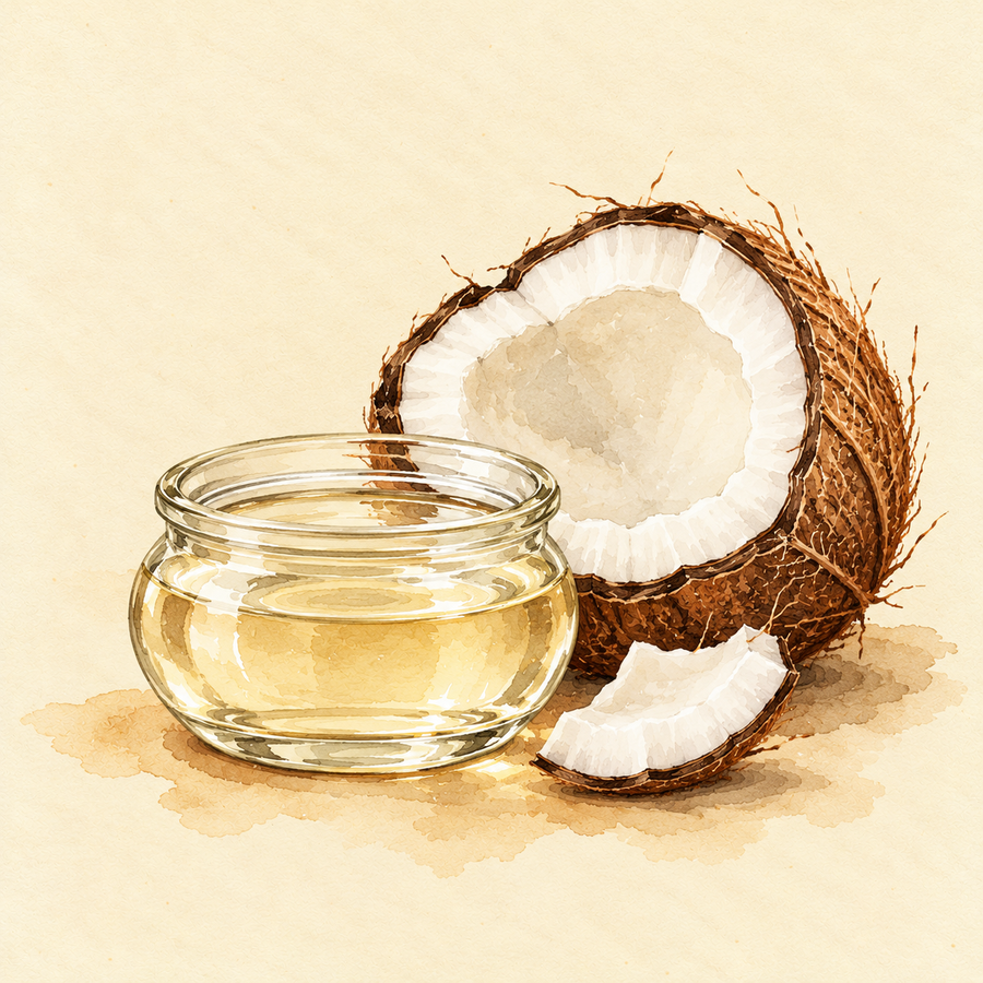 Virgin coconut oil in a clear glass jar beside a halved coconut, illustrated in watercolour