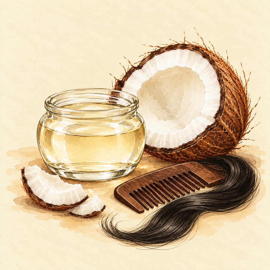Coconut oil beside a halved coconut, wooden comb and dark hair, illustrated in watercolour