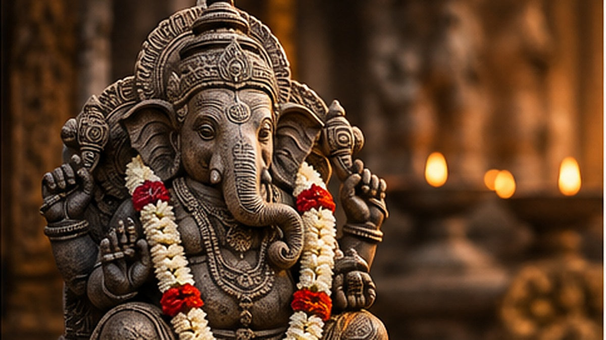 Vinayagar statue with flower garland and lamps for Vinayagar Chaturthi