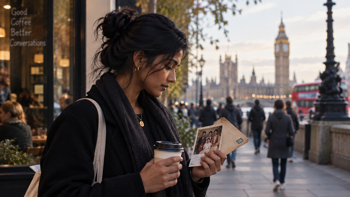 Young Tamil woman in London holding an old family photograph and envelope, representing diaspora identity and belonging