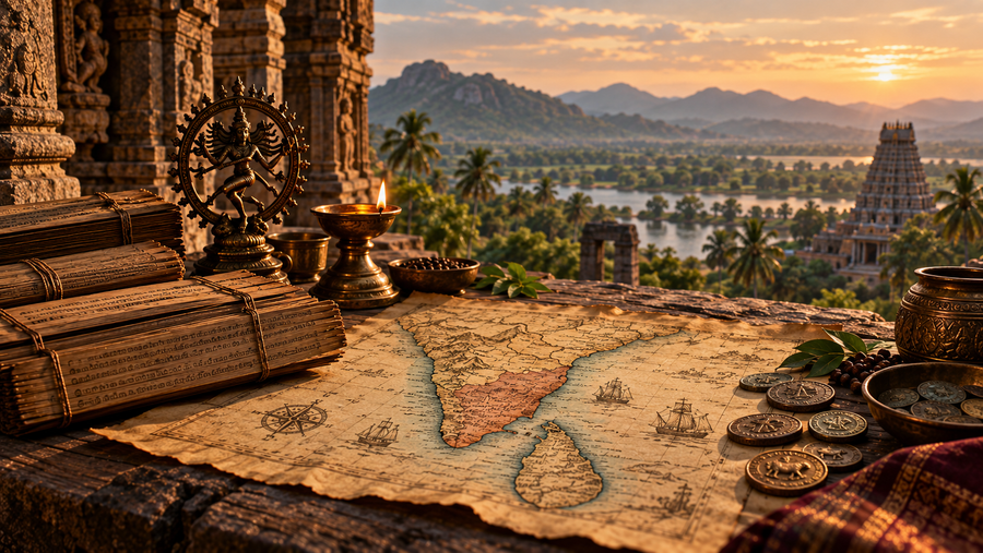 Ancient Tamil cultural landscape with palm-leaf manuscripts, temple architecture and historical map