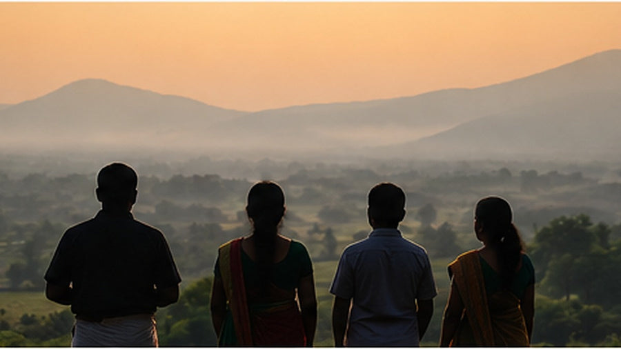 Tamil people looking across a South Asian landscape, illustrating Tamil identity and homeland