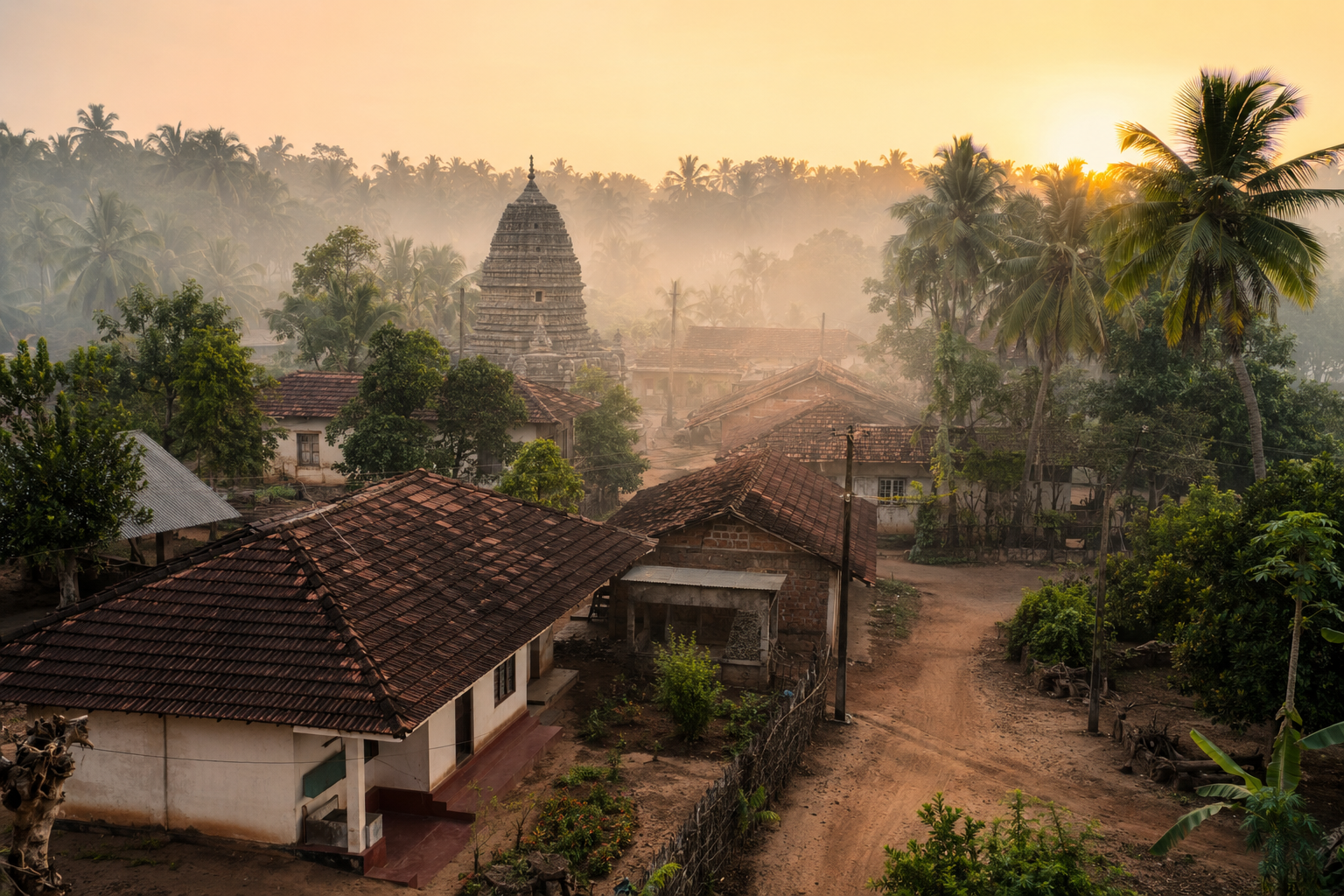 A scenic landscape photograph of a rural village at sunrise, featuring traditional houses with dark tiled roofs, a prominent temple tower in the background, and tall palm trees surrounded by misty morning light.