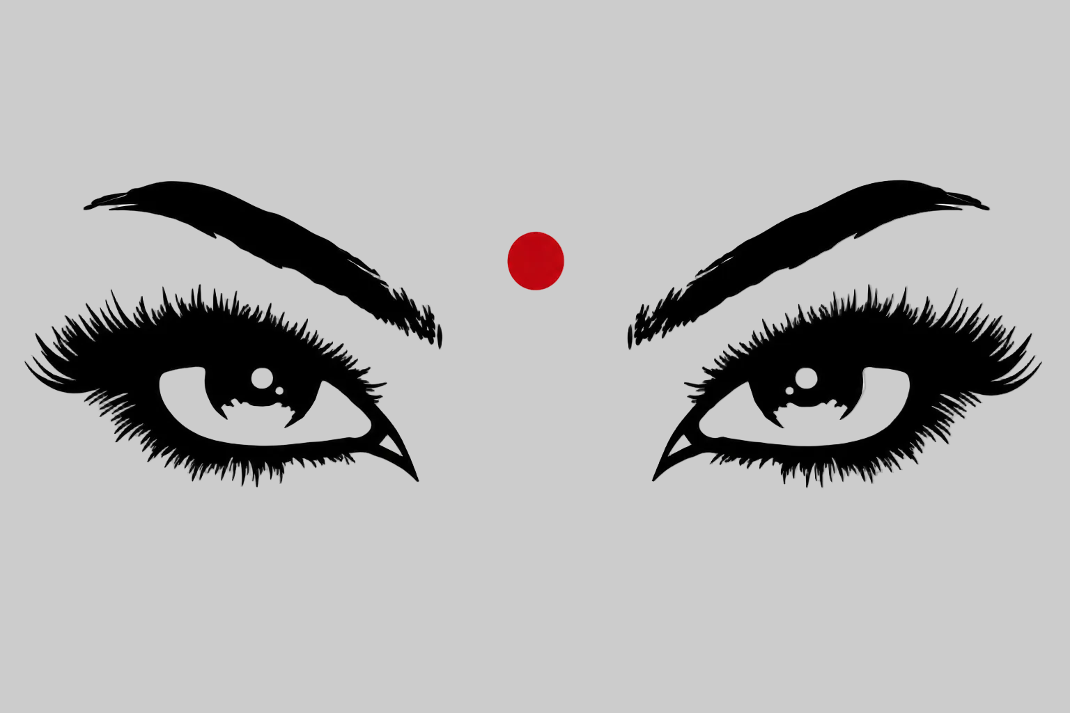 A minimalist graphic illustration of a woman's face featuring black inked eyes with long eyelashes, black eyebrows, and a small red bindi dot in the center of the forehead, set against a solid white background.