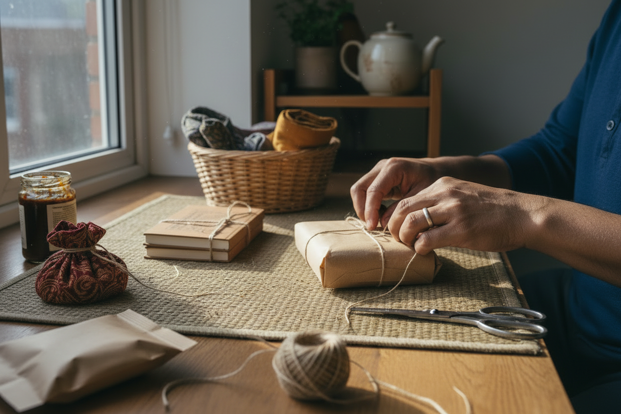 Hands packing marketplace products — no readable labels