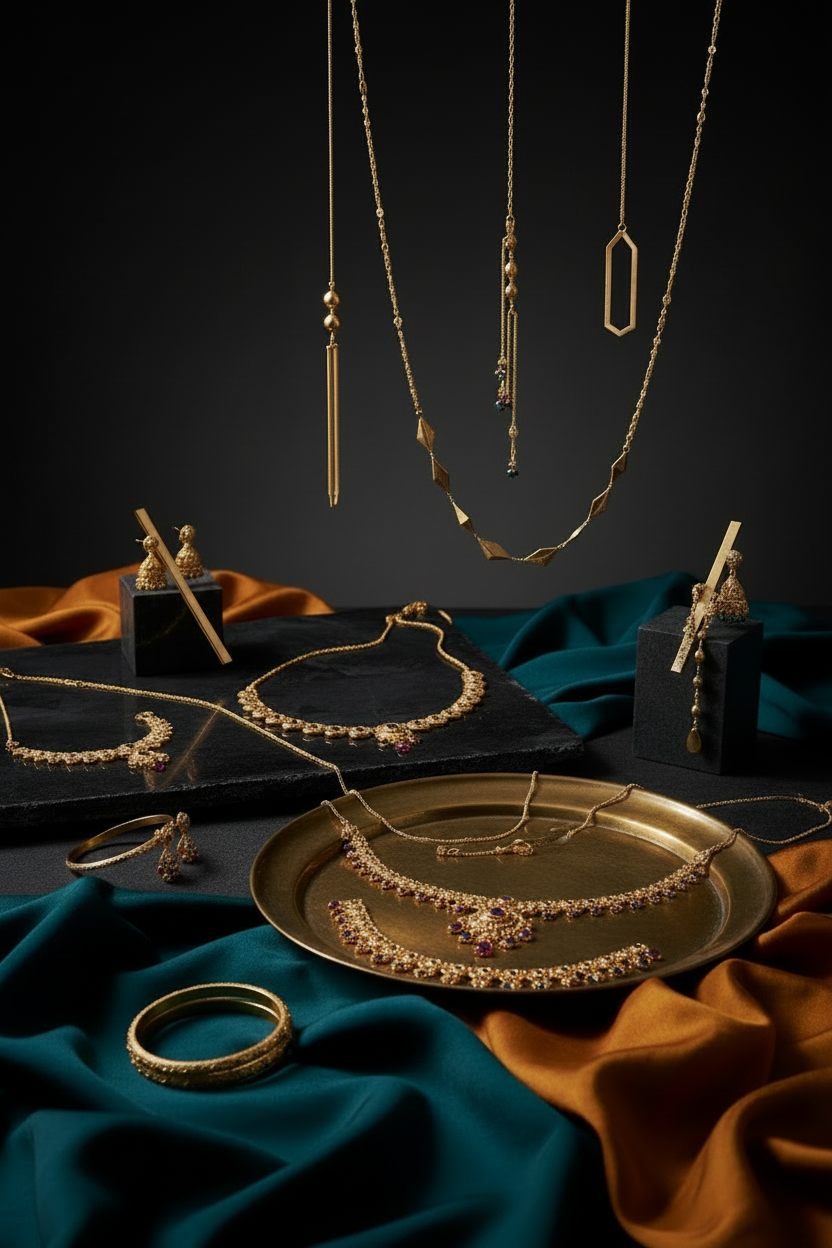 An elegant jewelry display featuring gold-toned necklaces, bracelets, earrings, and rings arranged on draped teal and rust silk fabrics, with some pieces hanging from chains against a dark background.