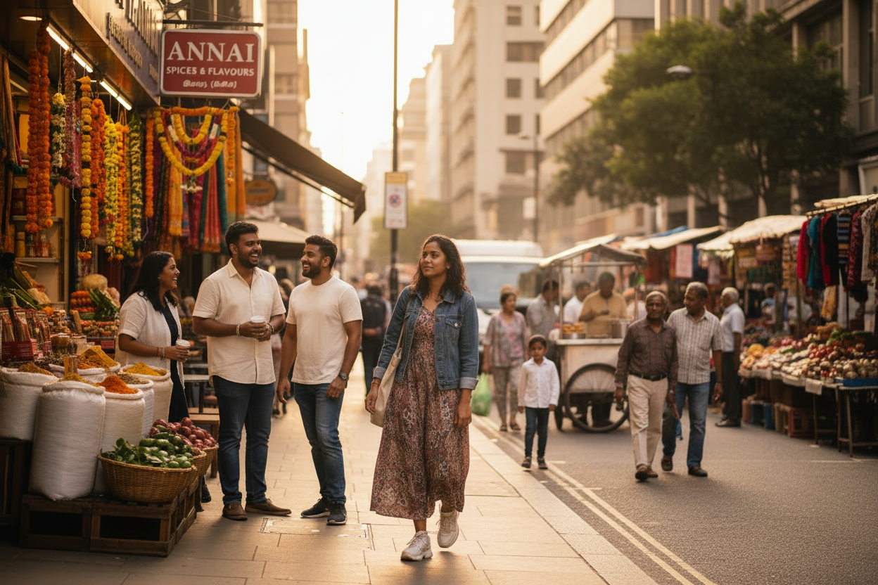 A bustling outdoor street market scene with multiple people walking along a city sidewalk beside colorful vendor stalls and hanging textiles. A woman in a patterned dress and denim jacket walks toward the camera, while others browse nearby shops under warm daylight.