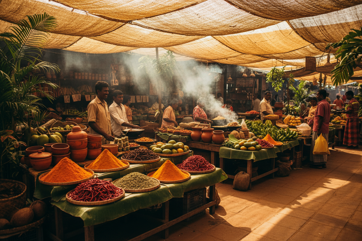 Bustling Tamil market with spice stalls, fresh tropical fruit, clay pots and local vendors beneath warm woven canopies.